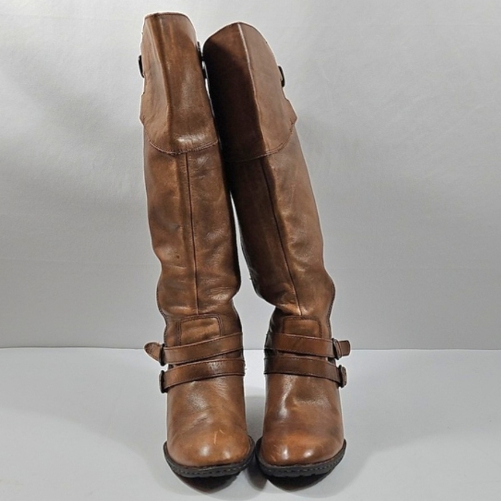 Born Milari Marrone Brown Leather Buckle Strap Tall Knee High Block Heel Boot - Picture 4 of 16